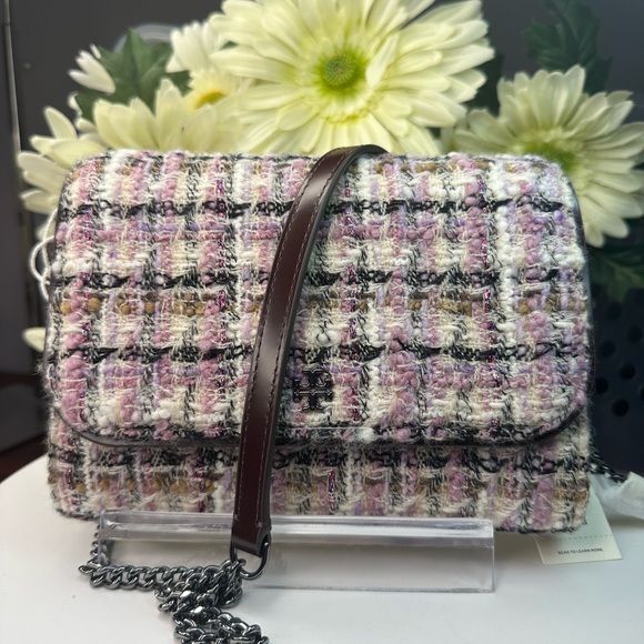 Tory Burch Emerson Tweed chain wallet NWT Ivory/Purple - Picture 10 of 13